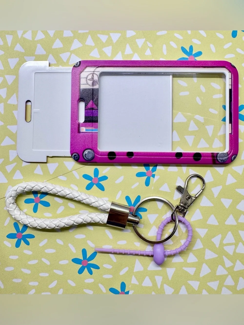 New Retro 80s 90s Style Cassette Tape Purple ID Card Holder & Woven Keychain